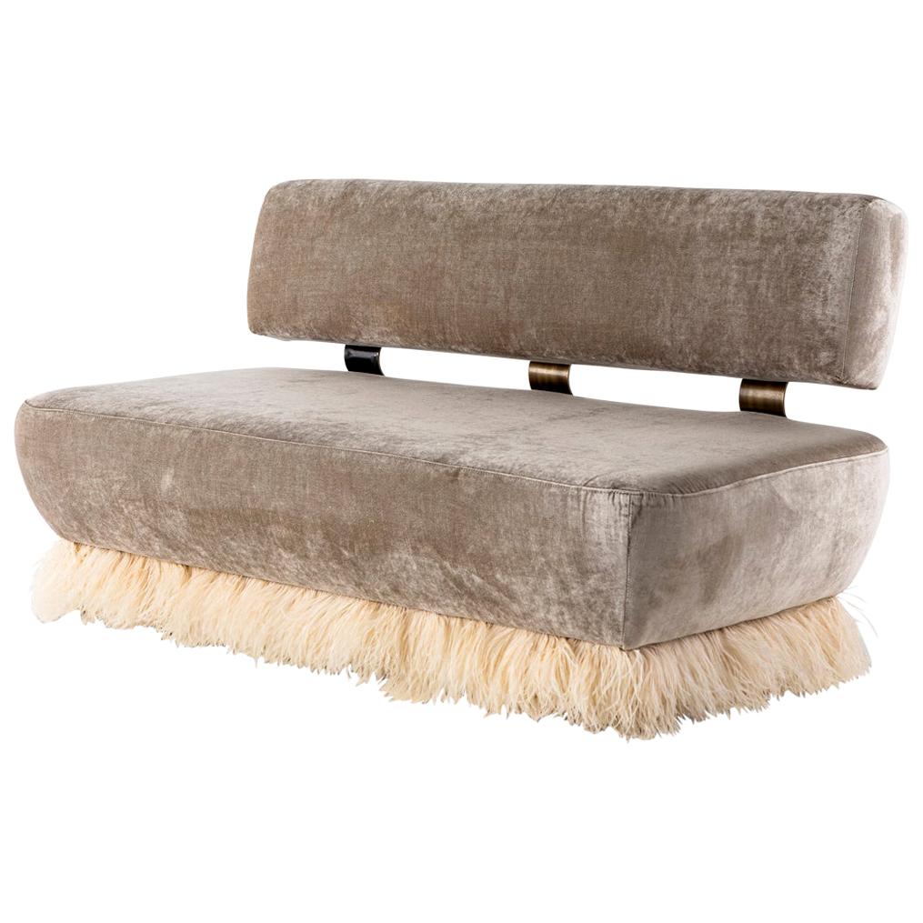 Velvet, Bronzed Steel, Brass and Ostrich Feather, Ostrich Fluff Sofa