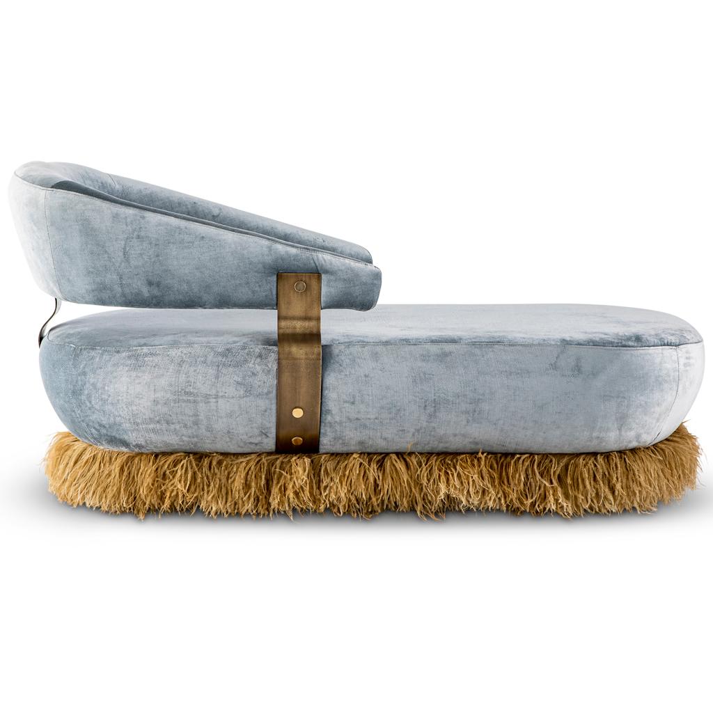 Modern Velvet, Bronzed Steel, Brass and Ostrich Feather, Ostrich Fluff Daybed For Sale