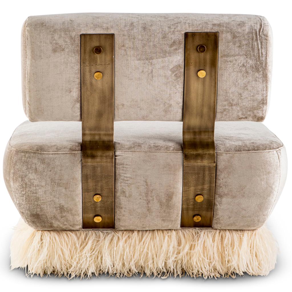 Modern Velvet, Bronzed Steel, Brass & Ostrich Feather, Ostrich Fluff Lounge Chair For Sale