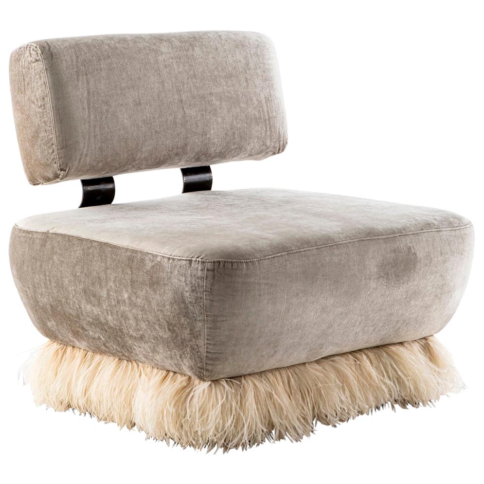 Velvet, Bronzed Steel, Brass & Ostrich Feather, Ostrich Fluff Lounge Chair For Sale