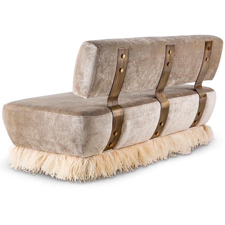 Velvet, Bronzed Steel, Brass and Ostrich Feather, Ostrich Fluff Sofa