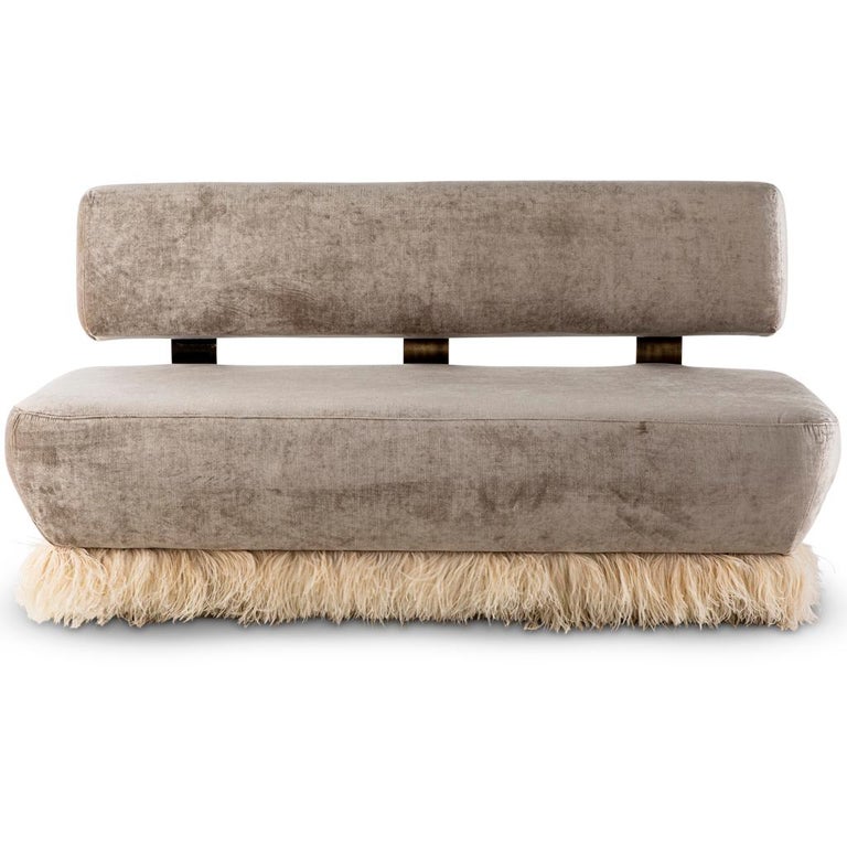 Velvet, Bronzed Steel, Brass and Ostrich Feather, Ostrich Fluff Sofa