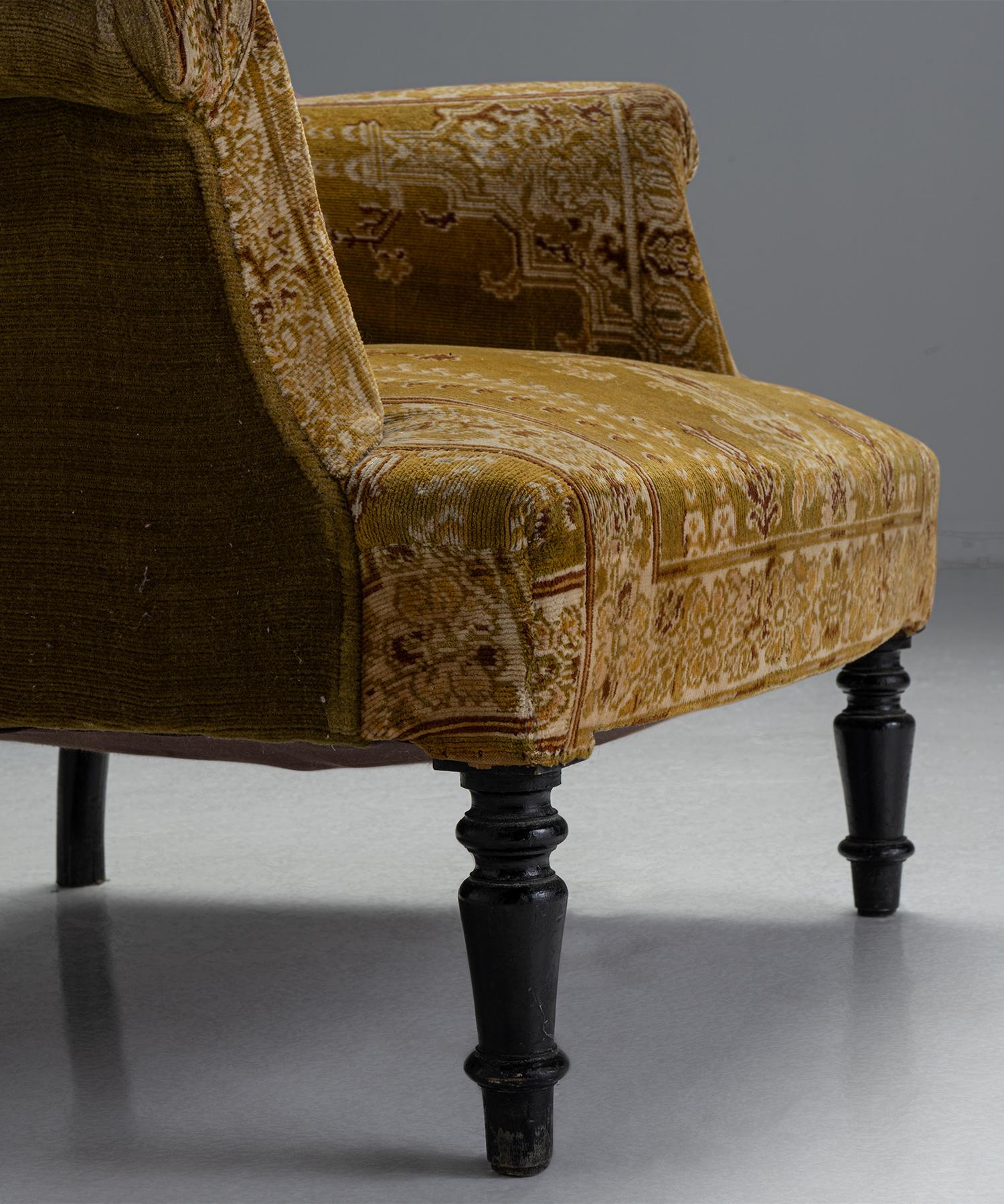 Velvet & carpet chair

France Circa 1880

Original upholstery on turned, ebonised legs.

Measures: 30.25