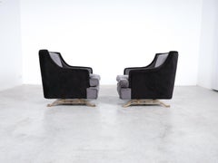 Velvet Chairs Black with Brass Skid Base, Italy circa 1955