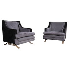 Velvet Chairs Black with Brass Skid Base, Italy circa 1955