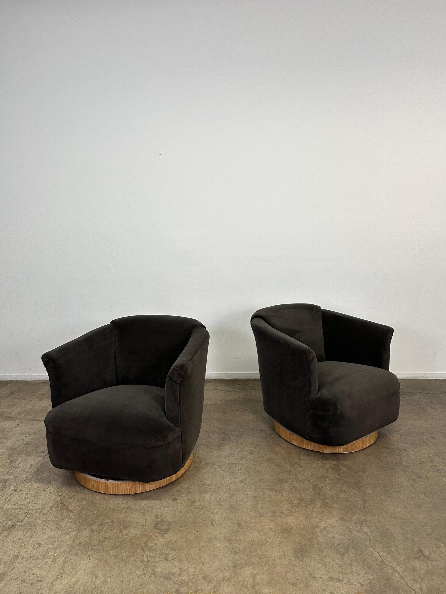 Mid-Century Modern Velvet Charcoal Barrel Chairs with White Oak Plinths