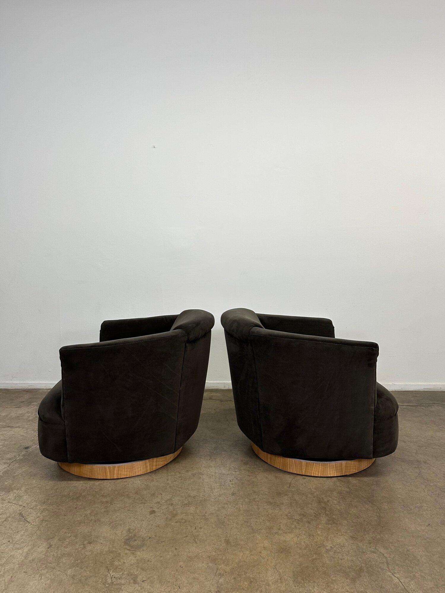 Velvet Charcoal Barrel Chairs with White Oak Plinths In Excellent Condition In Los Angeles, CA