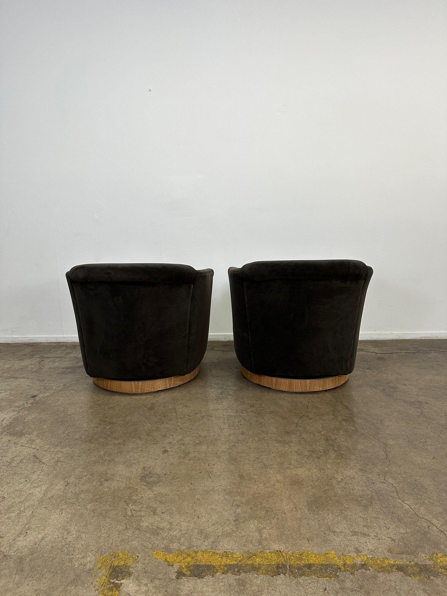 Contemporary Velvet Charcoal Barrel Chairs with White Oak Plinths