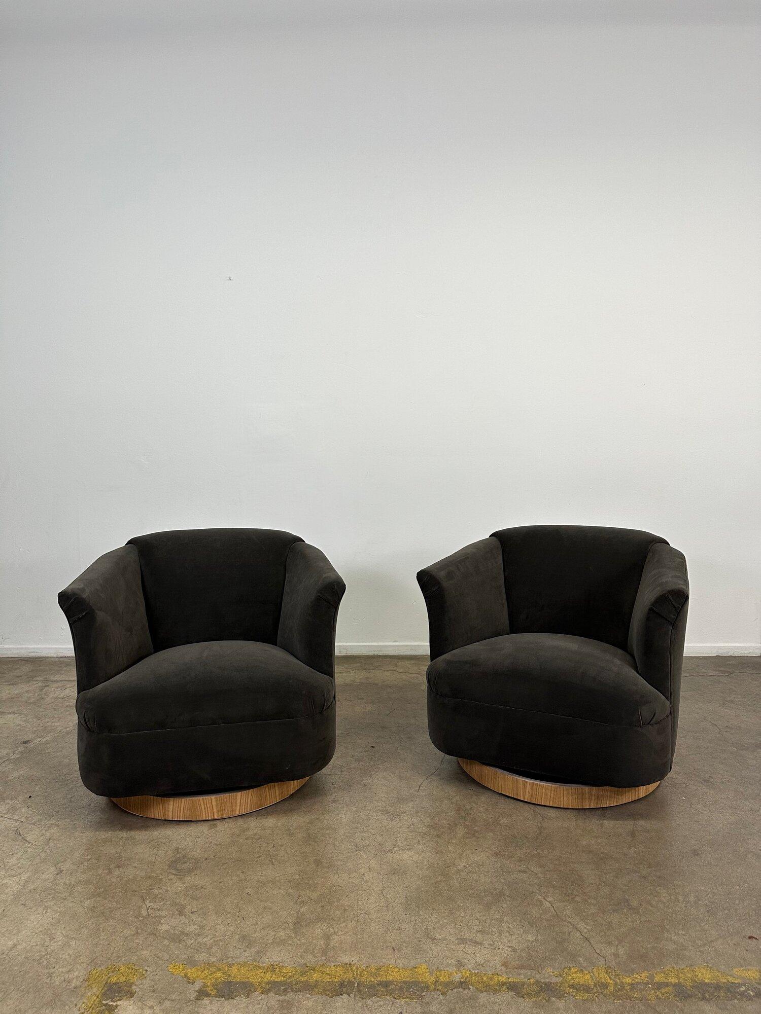 Upholstery Velvet Charcoal Barrel Chairs with White Oak Plinths