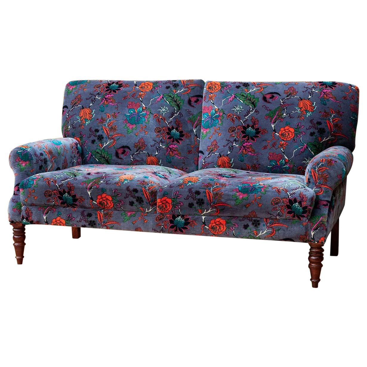 Velvet Country Club Style Two-Seat Sofa, 20th Century For Sale