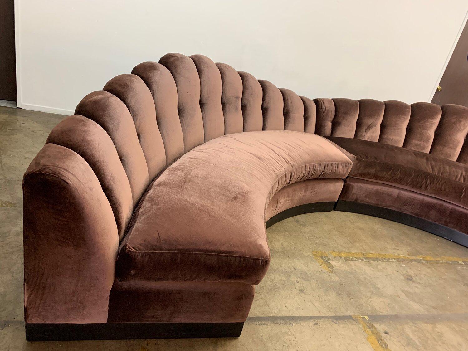 W99 D36 H40

SW96 SD24 SH20

Curved scallop-back sofas in a plum cotton velvet fabric. Both pieces are in good as-is condition with leather down seats and soft fabric. Re-upholstery is available.