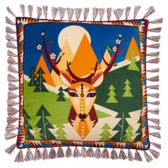 Velvet Cushion with Fringes Deer, in Cotton, Italy by La DoubleJ
