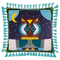 Velvet Cushion with Fringes Owl, in Cotton, Italy by La DoubleJ