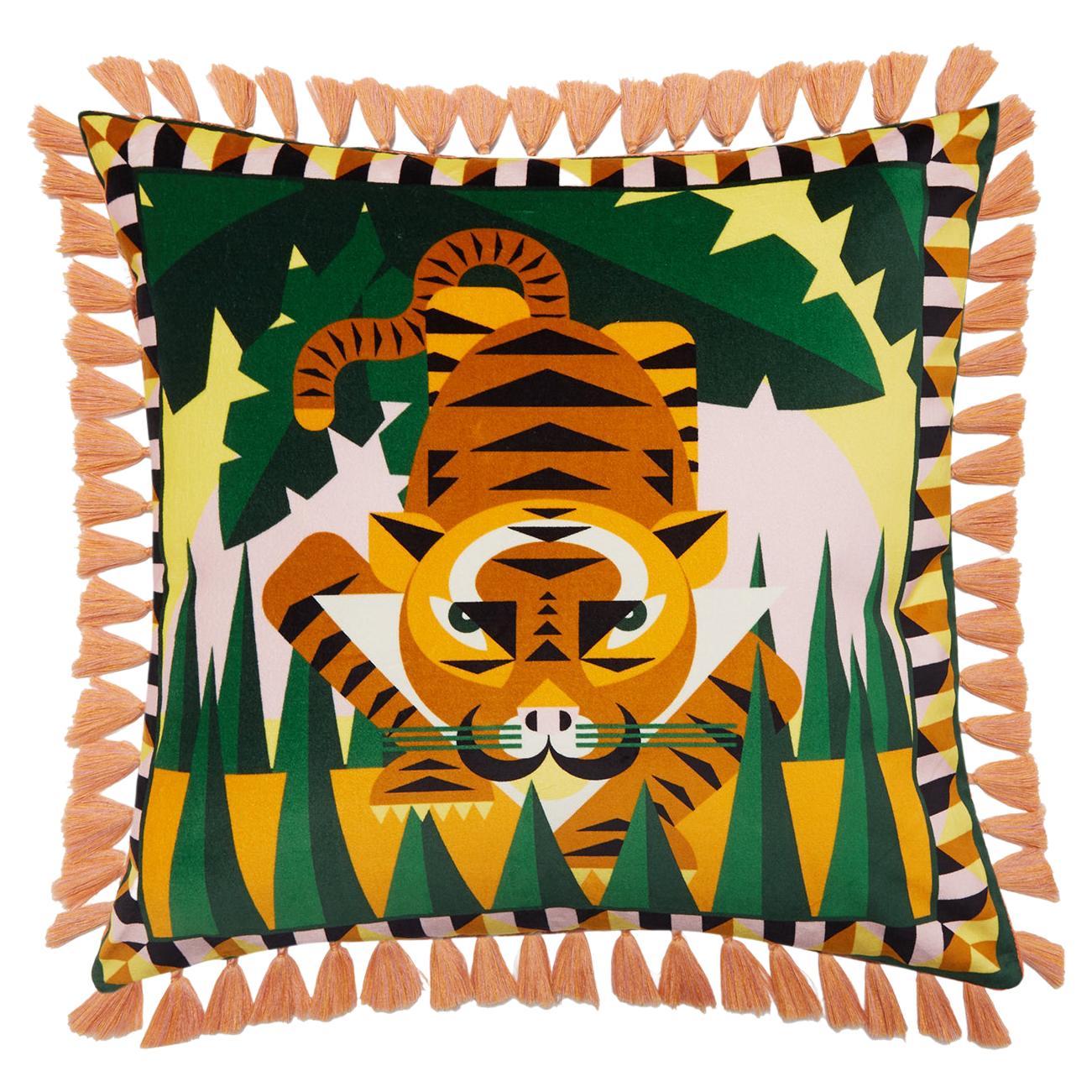 Velvet Cushion with Fringes Tiger, in Cotton, Italy by La DoubleJ