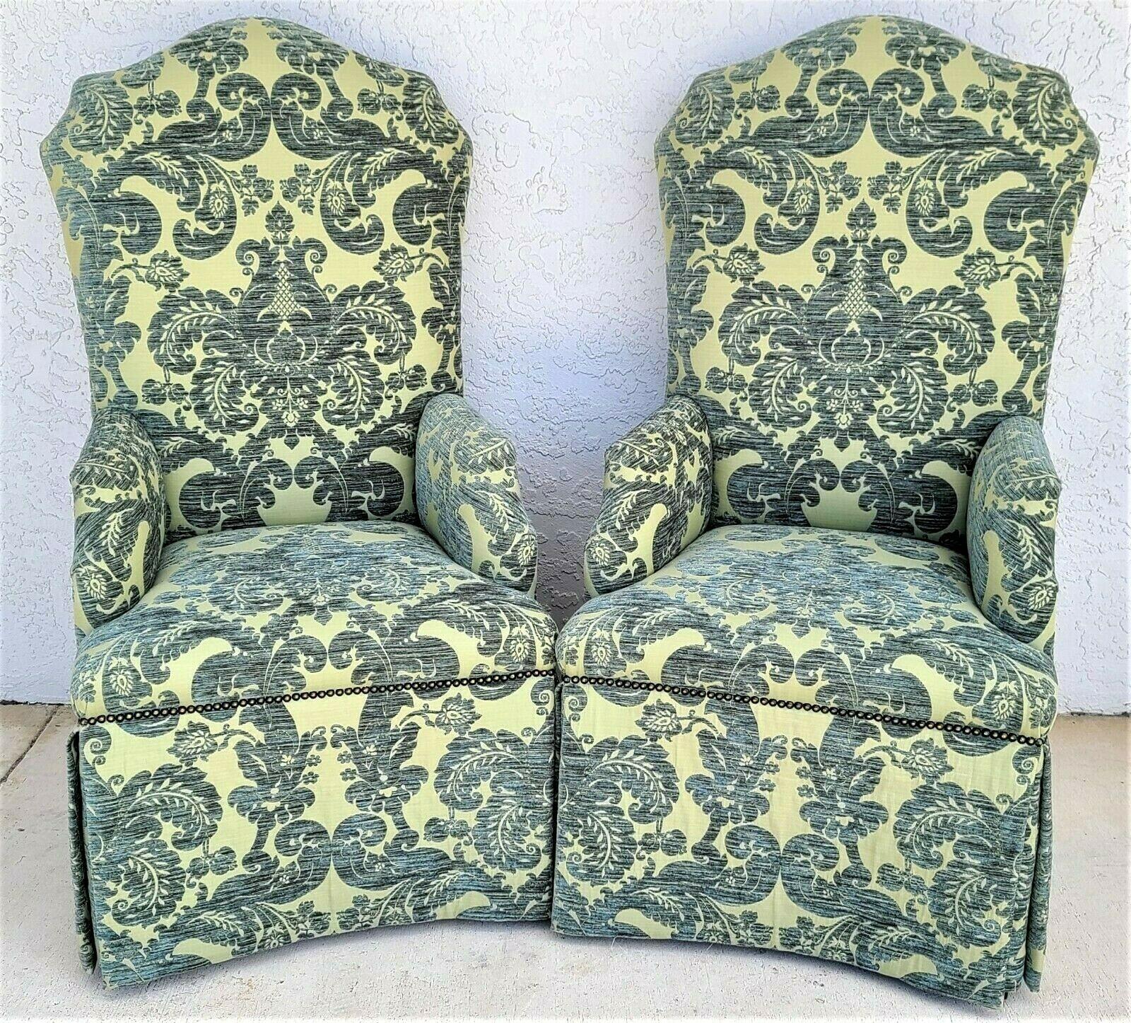 For FULL item description be sure to click on CONTINUE READING at the bottom of this listing.

Pair of Magnificent Burnout Velvet High Back French Nail Studded Dining Host Accent Armchairs

Coloration is blues, greens, and grays and changes