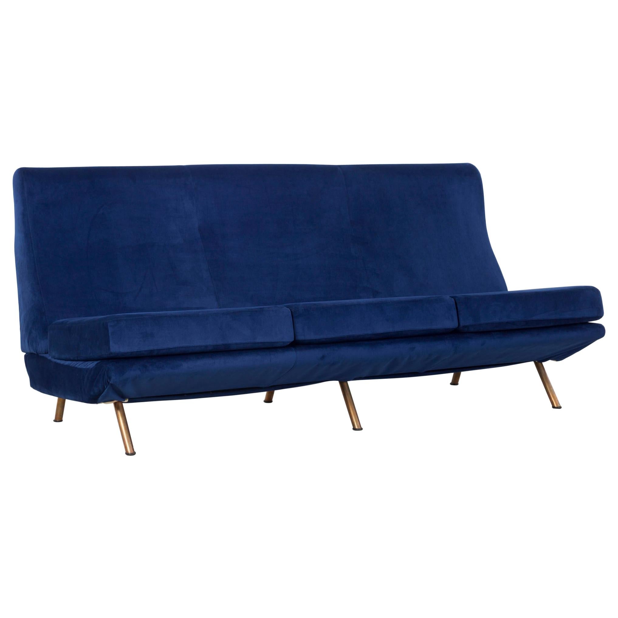 Velvet Deep Blue Three-Seat Sofa Model “Triennale”, Marco Zanuso, Arflex, 1956