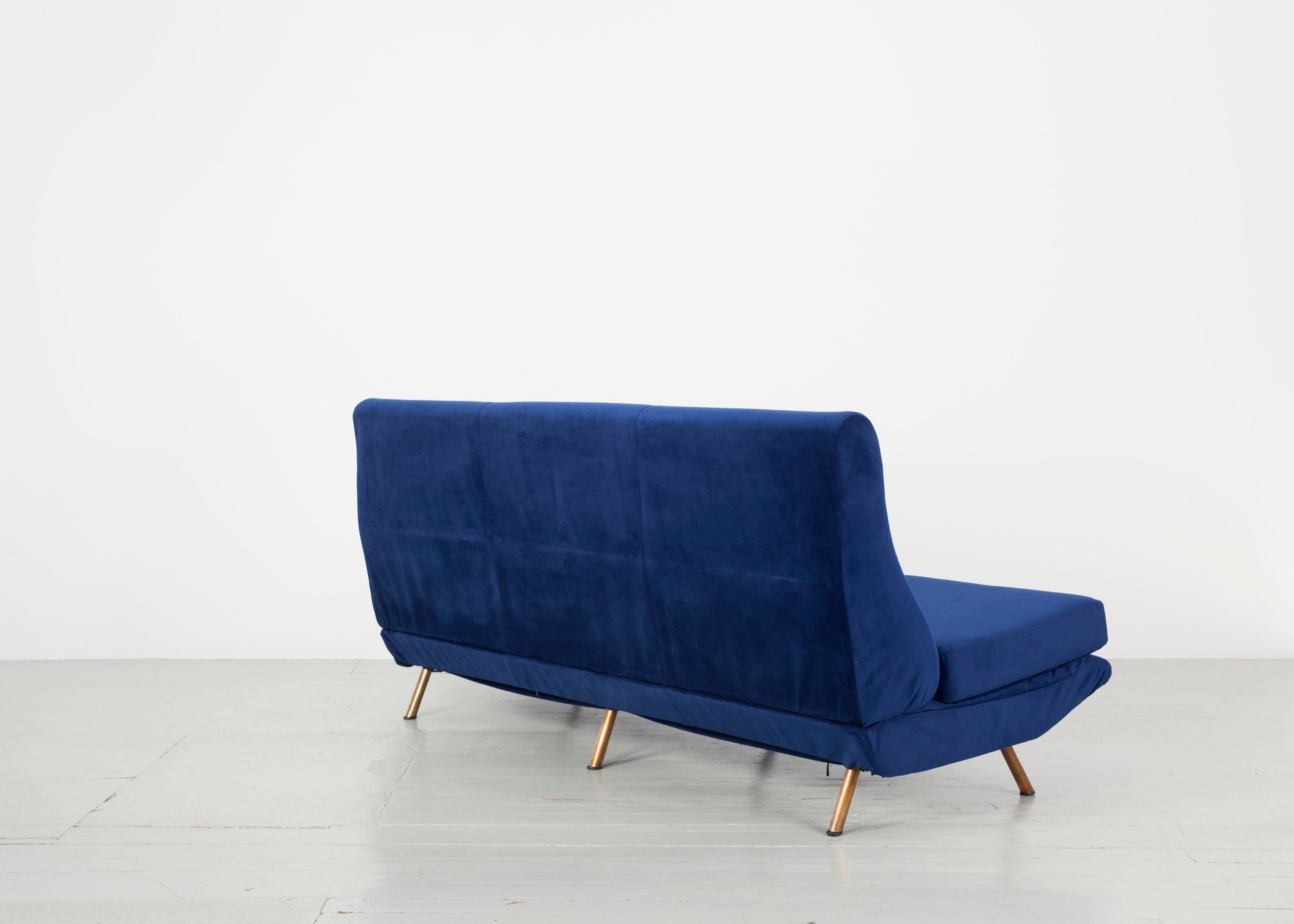 Italian Velvet Deep Blue Three-Seat Sofa Model “Triennale”, Marco Zanuso, Arflex, 1956 For Sale