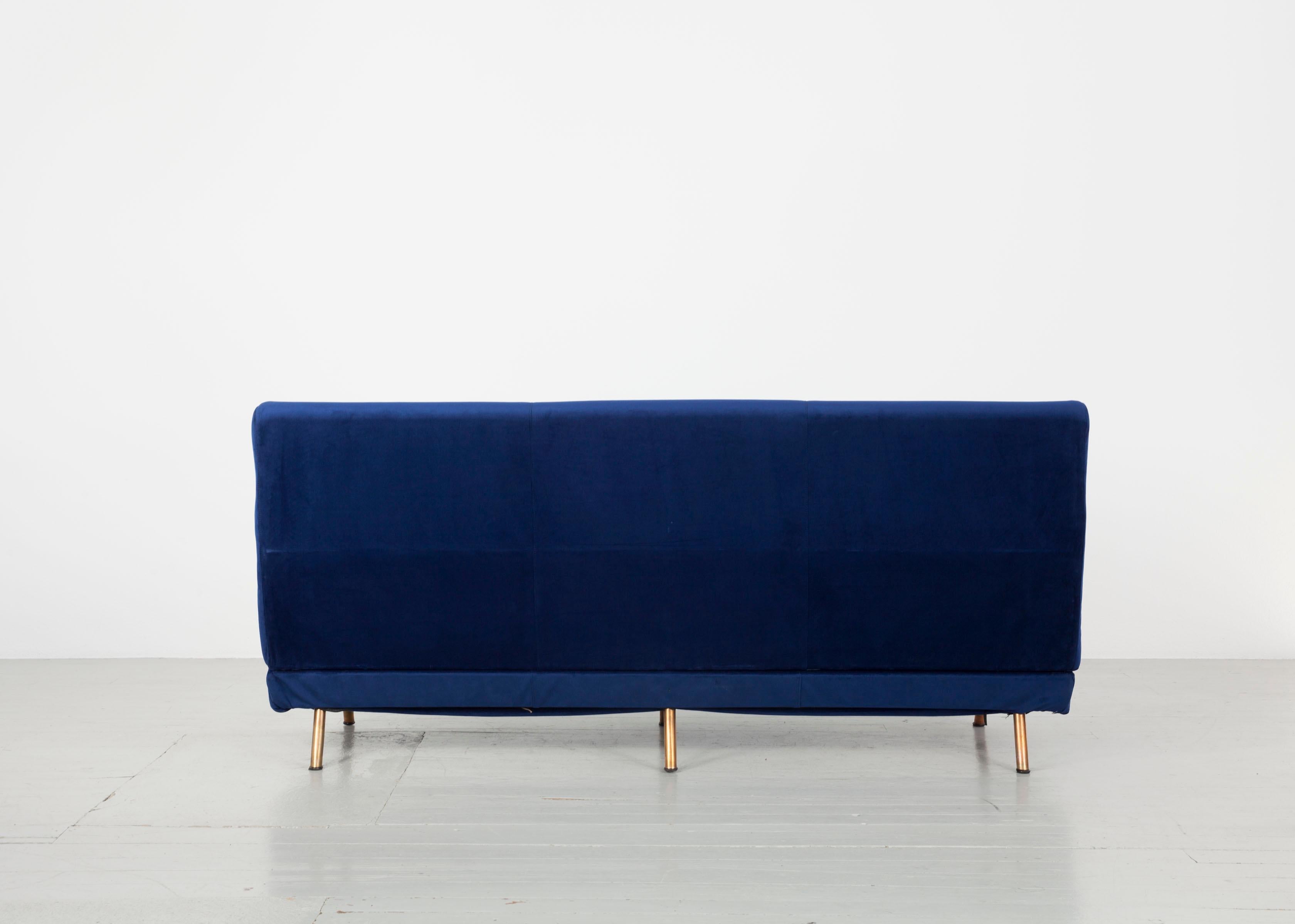 Mid-20th Century Velvet Deep Blue Three-Seat Sofa Model “Triennale”, Marco Zanuso, Arflex, 1956 For Sale