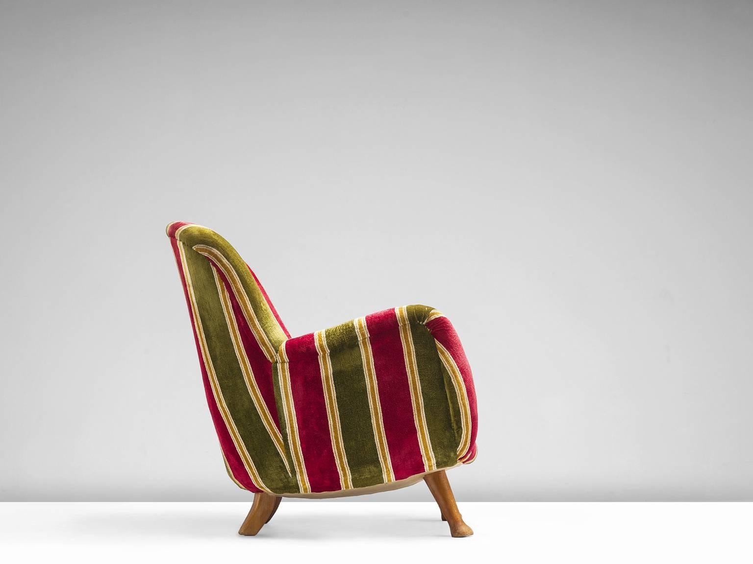 Mid-Century Modern Berga Mobler Easy Chair in Velvet and Oak, 1940s