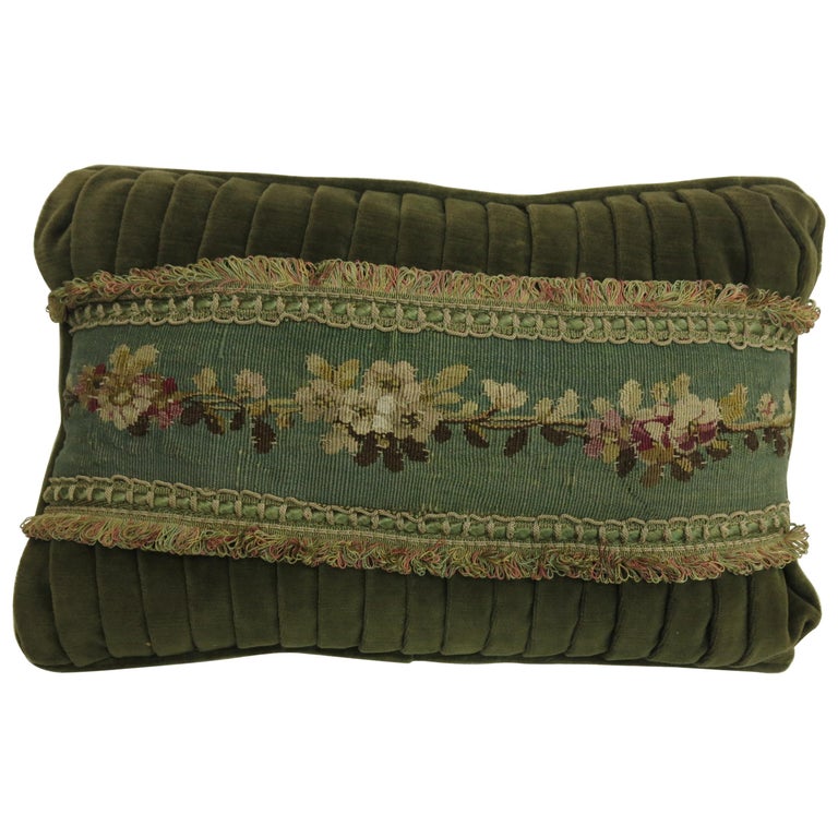 Velvet Green Tassle 19th Century Antique French Tapestry Pillow For Sale