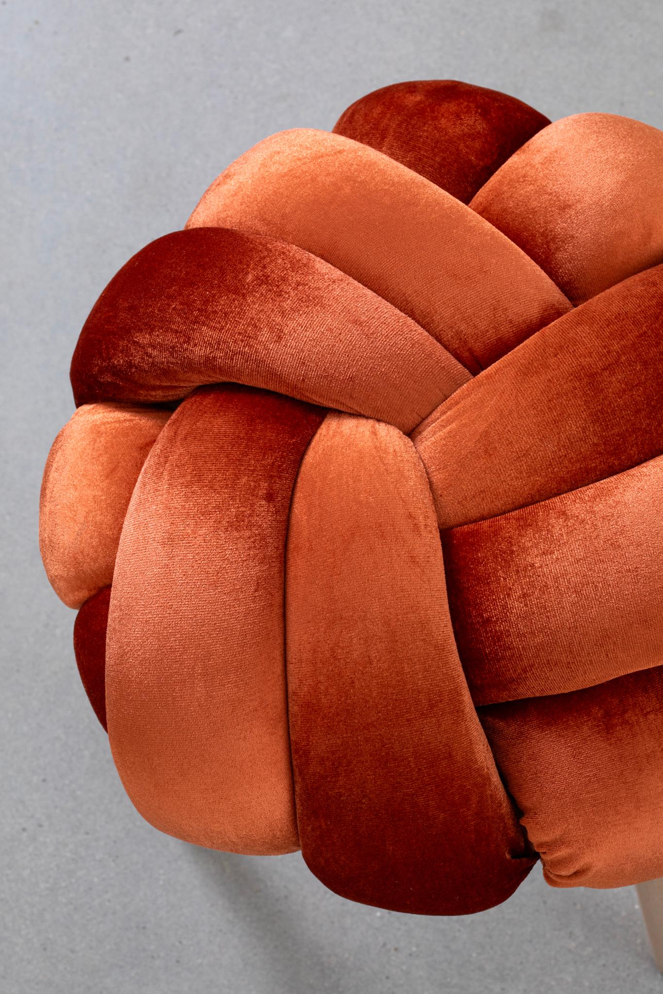 Israeli Handmade Burnt Orange Velvet Knot Stool 16X16 inch by Knots Studio For Sale