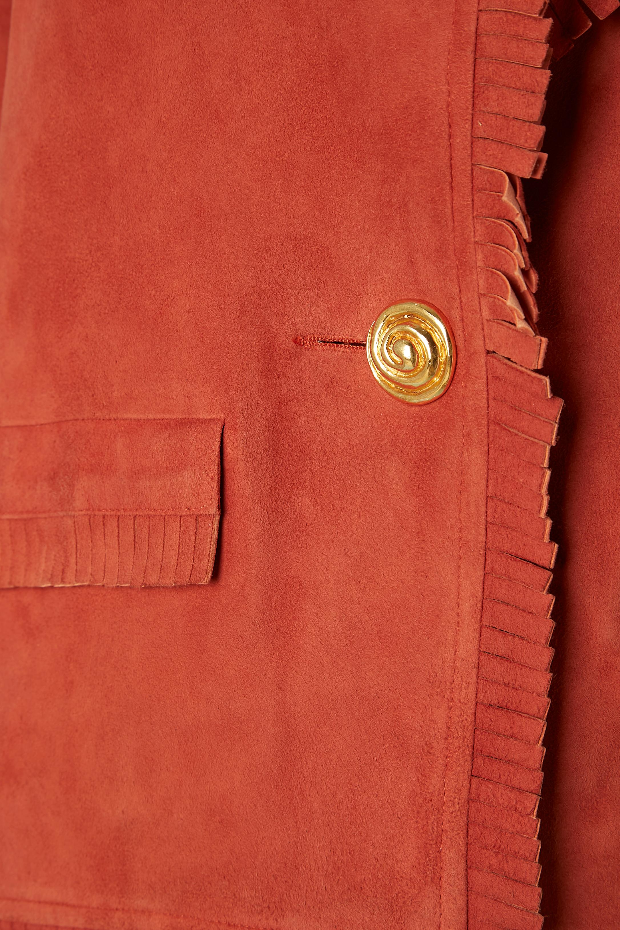Red Velvet lamb suede jacket with fringes edge Yves Saint Laurent Rive  For Sale