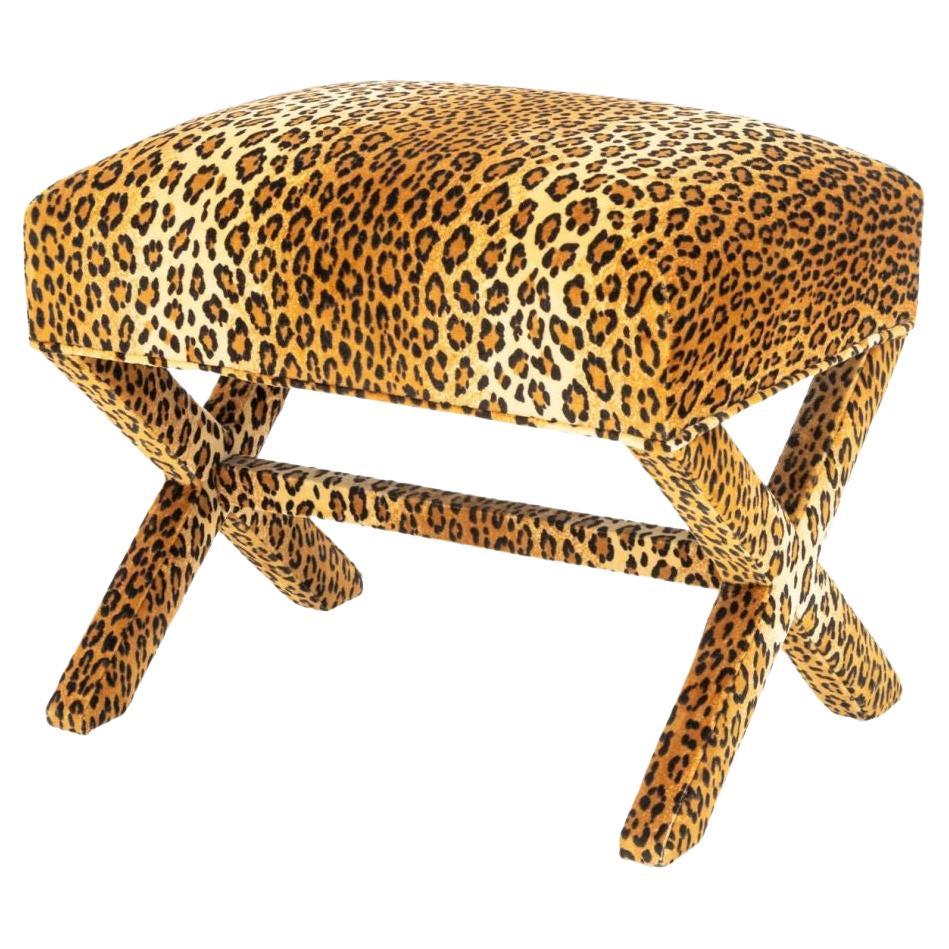 Velvet Leopard Print Upholstered Ottoman