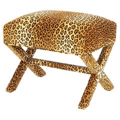 Velvet Leopard Print Upholstered Ottoman