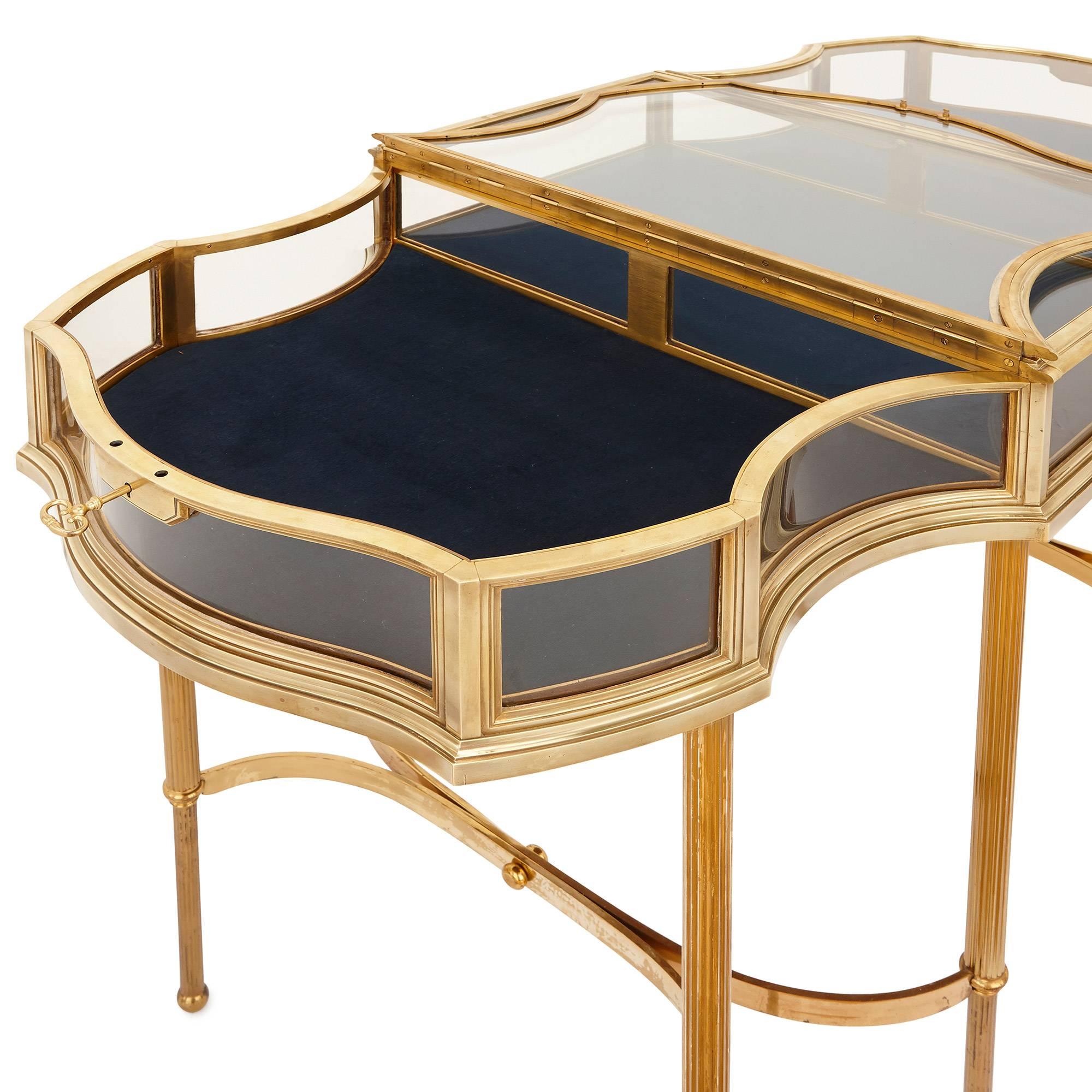 French Velvet Lined and Glazed Brass Display Table