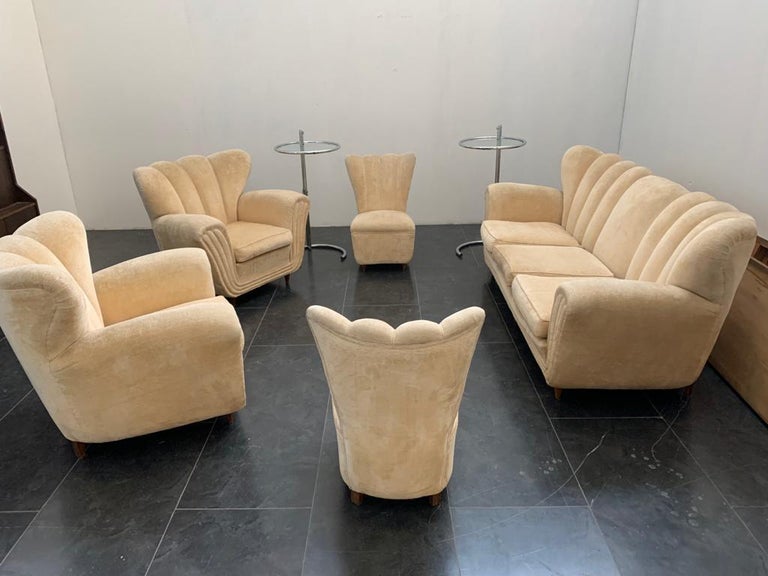 Mid-Century Modern Velvet Living Room Set by Guglielmo Ulrich, 1950s, Set of 5 For Sale