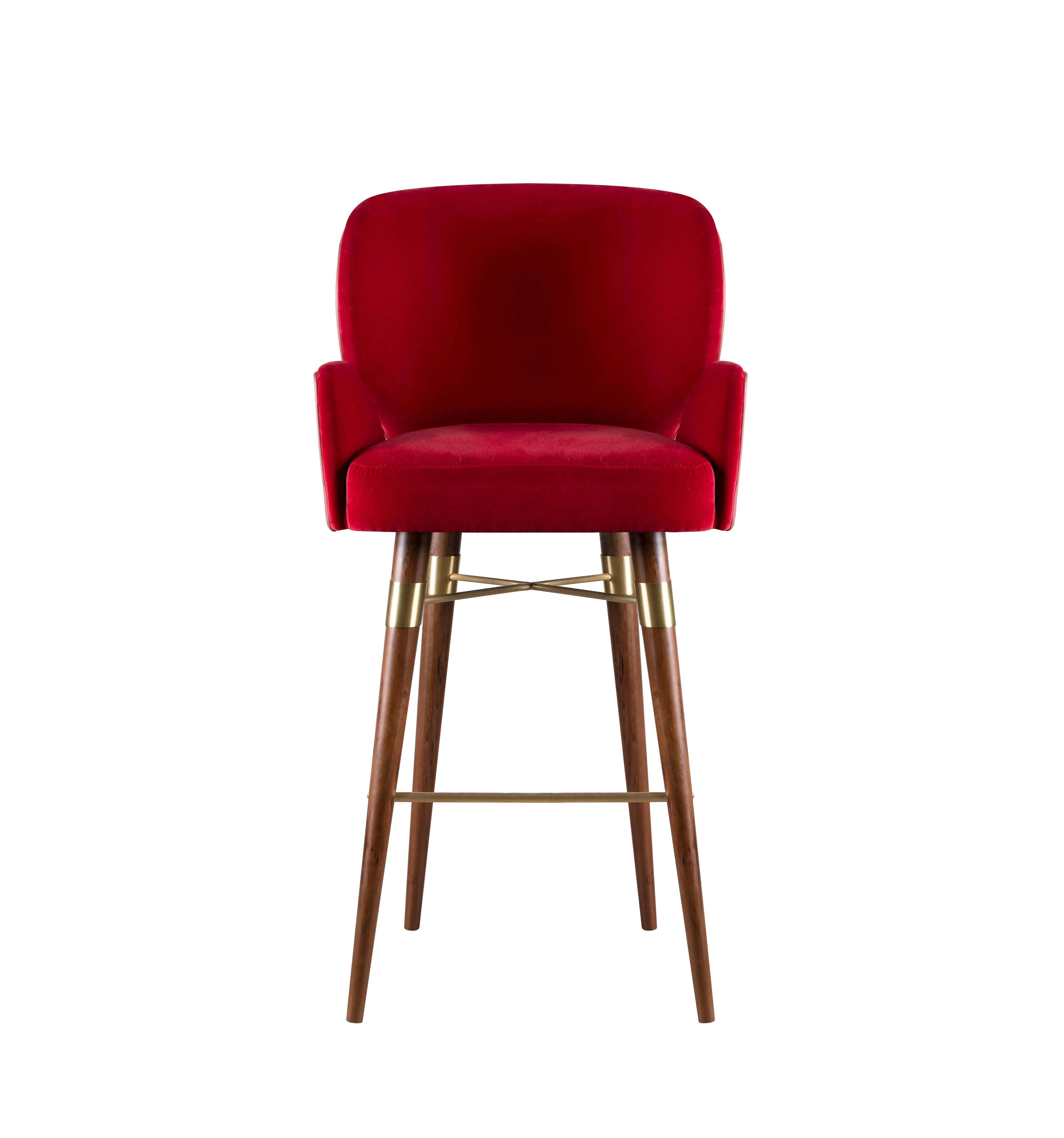 Velvet Louis I Bar Chair Walnut Wood Brass For Sale 1