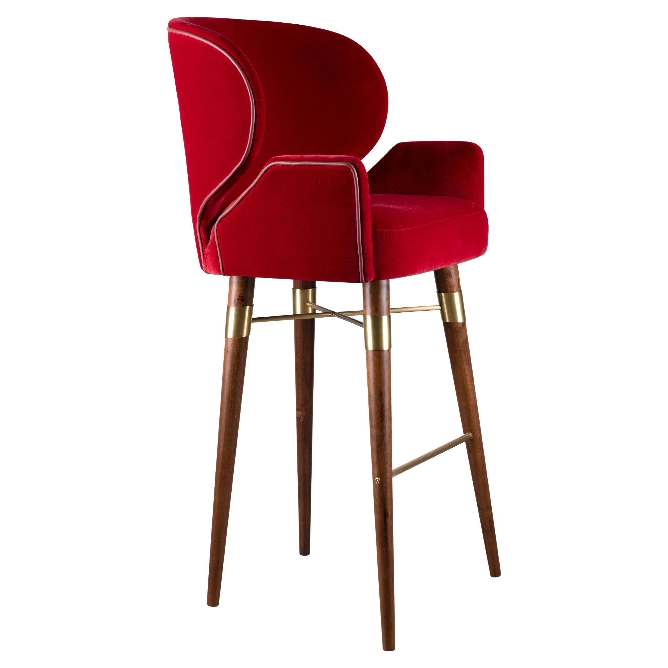Velvet Louis I Bar Chair Walnut Wood Brass For Sale
