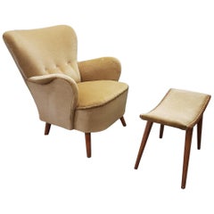 Velvet Lounge Chair with Ottoman by Theo Ruth for Artifort, 1950s