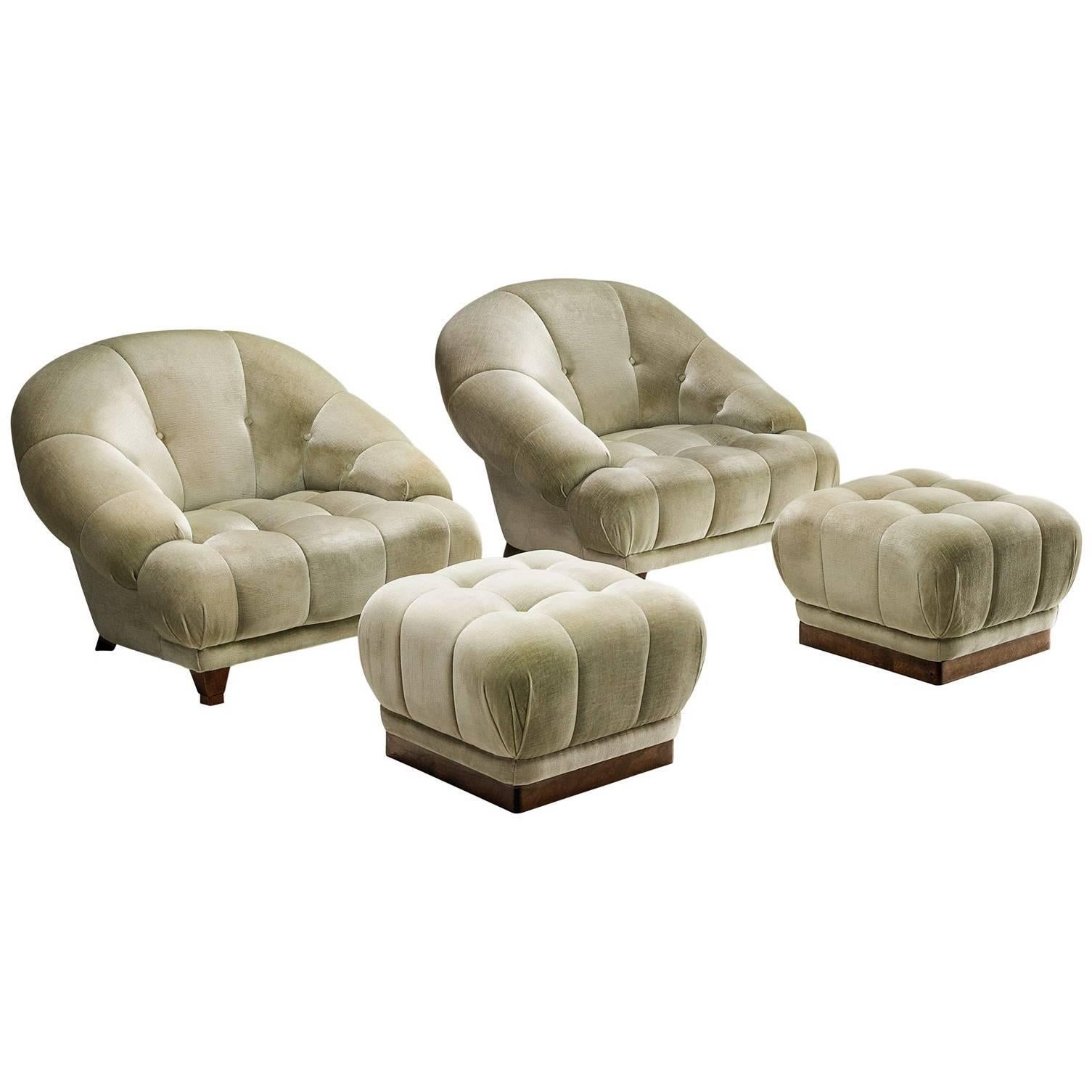 Velvet Lounge Chairs with Ottomans