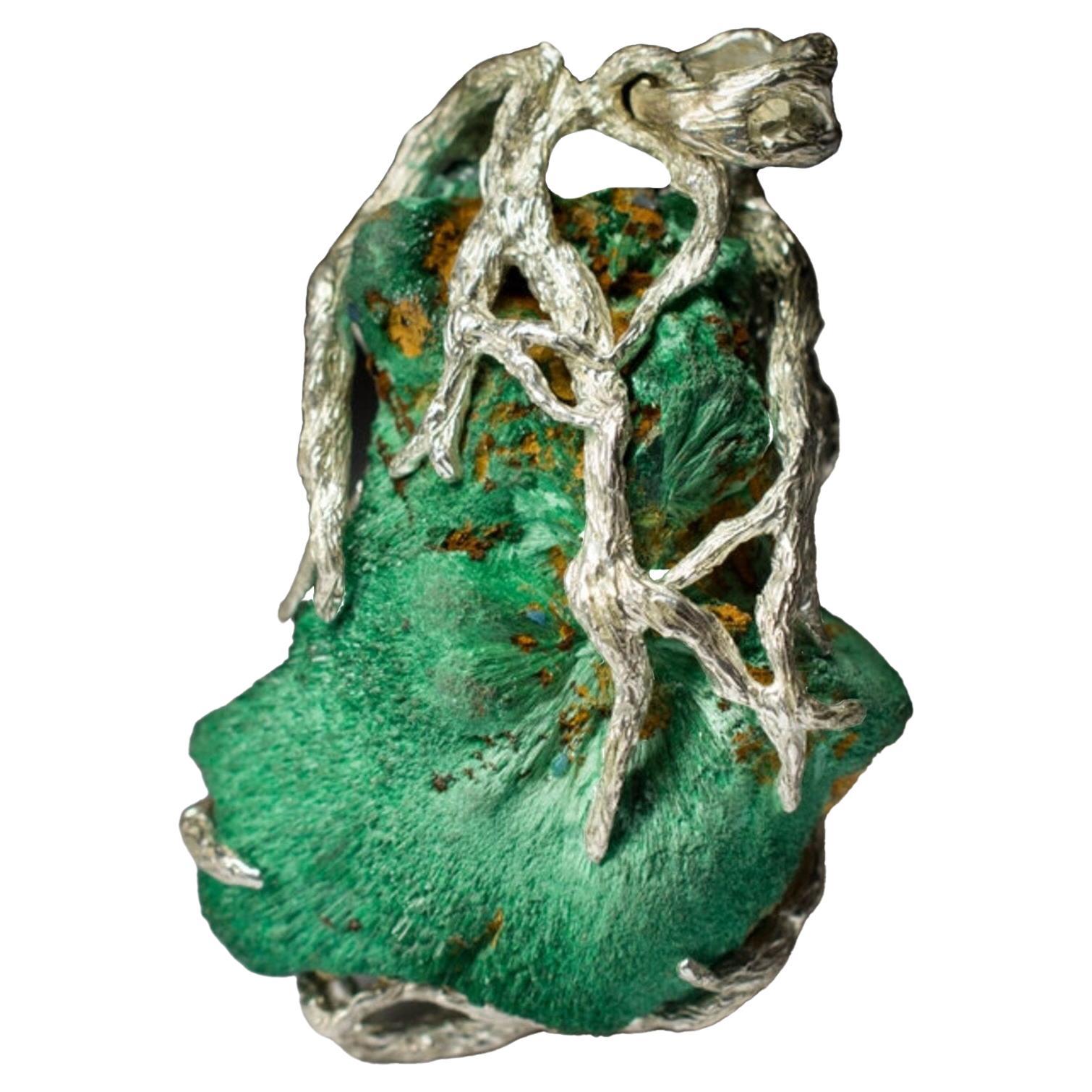 Collier en velours malachite vert argenté forest cristal naturel brut vintage