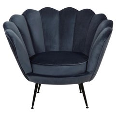 Velvet Mid-Century Modern Armchair in Blue Anthracite