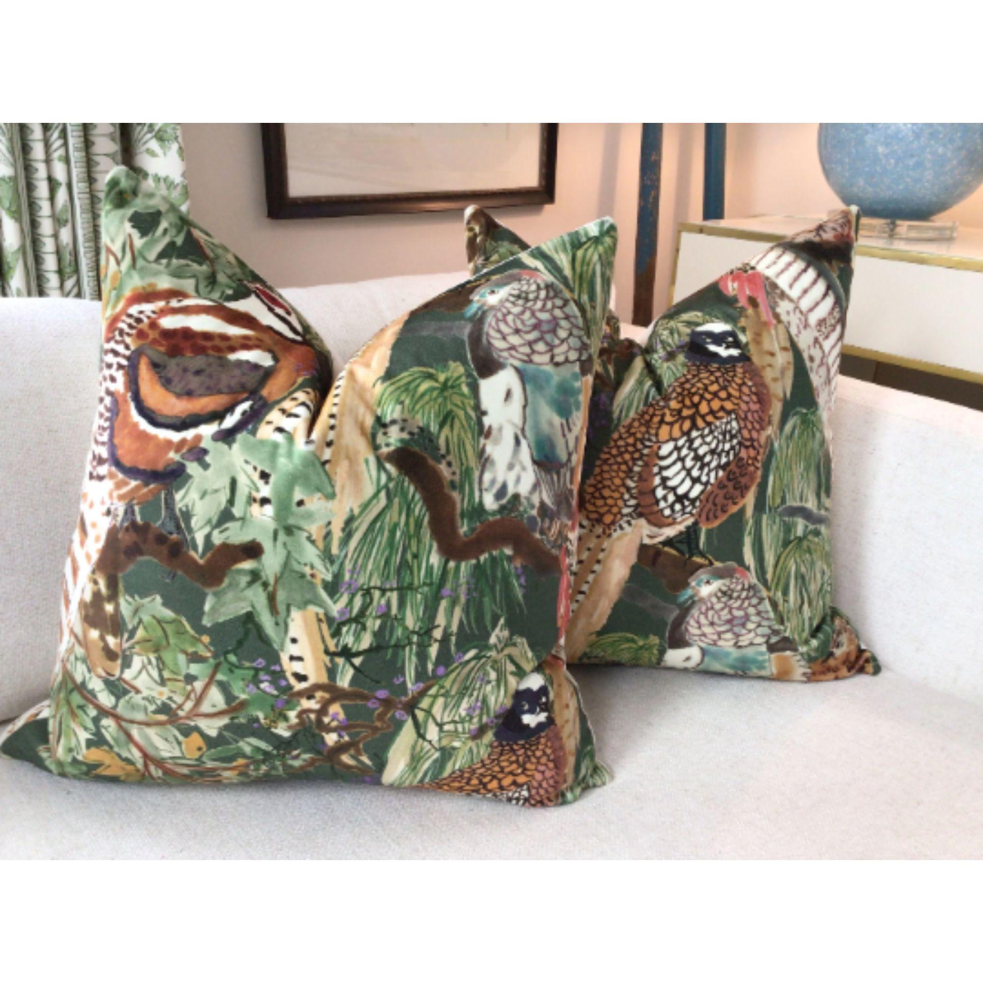 Lovely velvet rich and luxurious fabric from Lee Jofa. Game Birds features….well…..game birds. (I think they’re quail?) in wonderfully saturated shades of cinnamon brown and black with foliage in deep green and straw tan. How perfect would these be