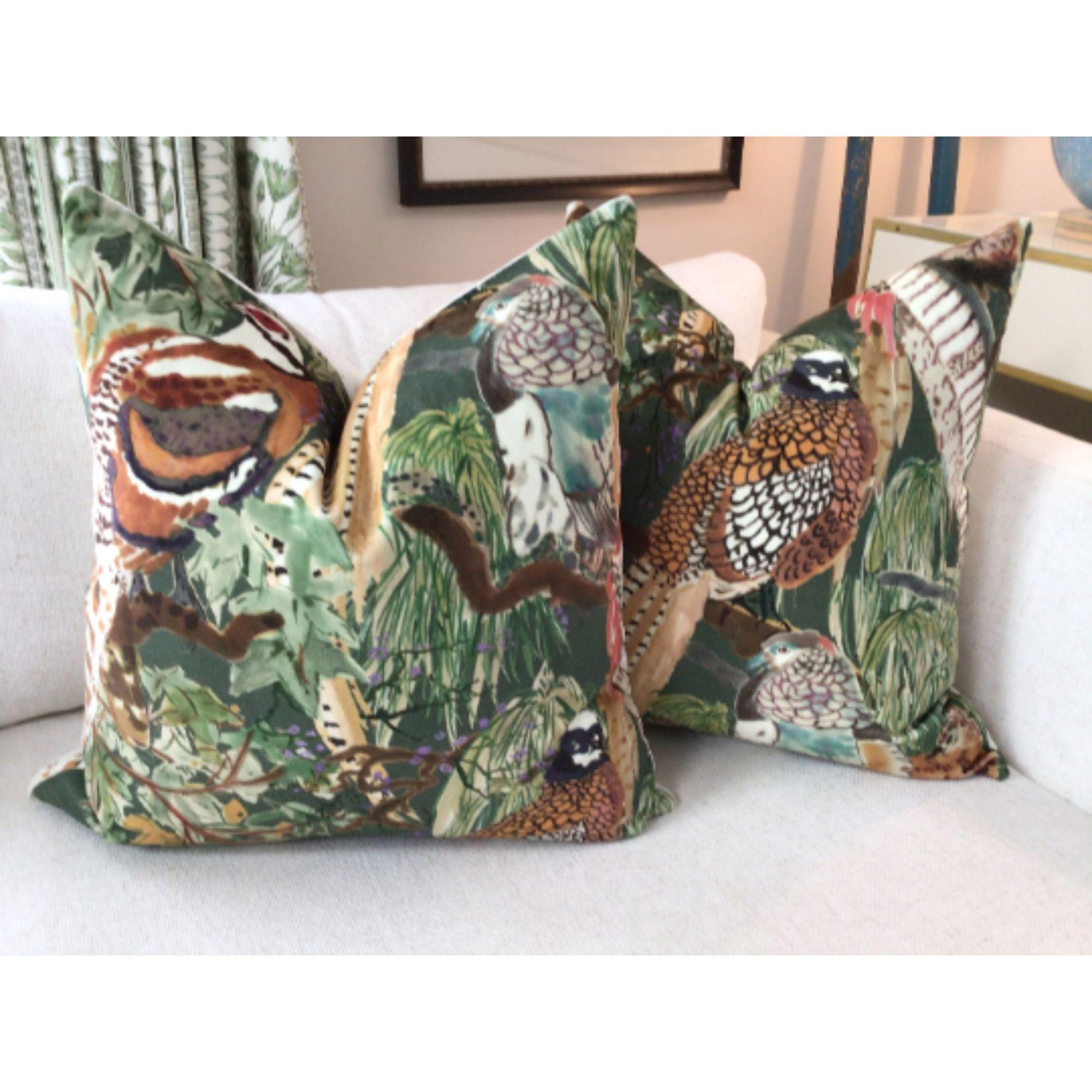 American Velvet Mulberry for Lee Jofa Game Birds in Multi and Stone Pillows- a Pair For Sale