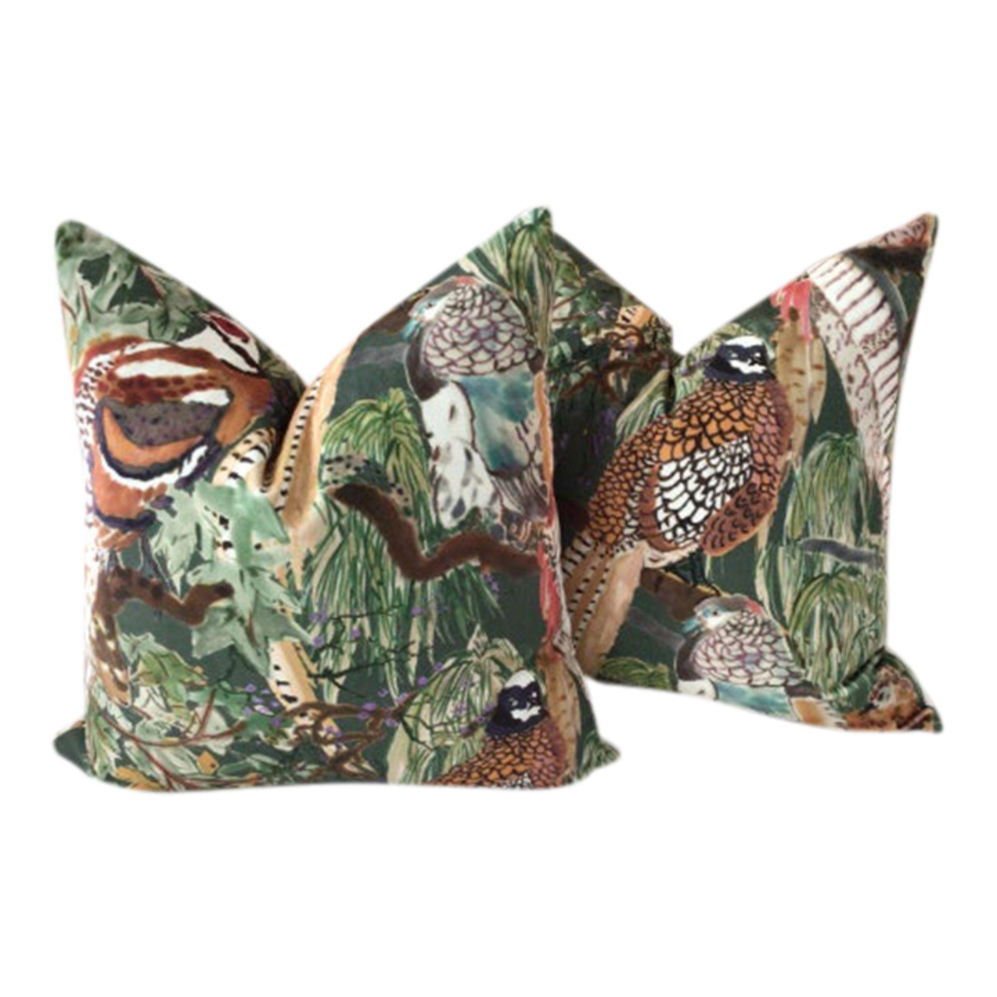 Velvet Mulberry for Lee Jofa Game Birds in Multi and Stone Pillows- a Pair For Sale