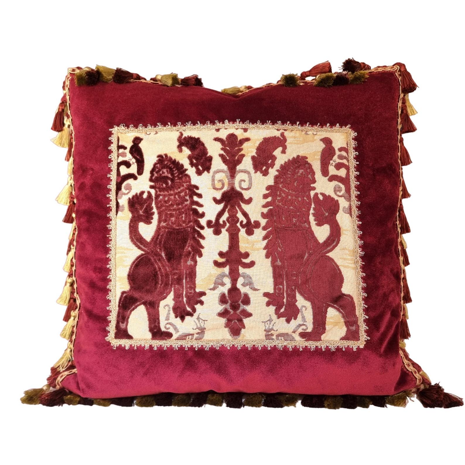 Velvet Pillow with Luigi Bevilacqua Red Leoni Persiani Framed Front Panel For Sale