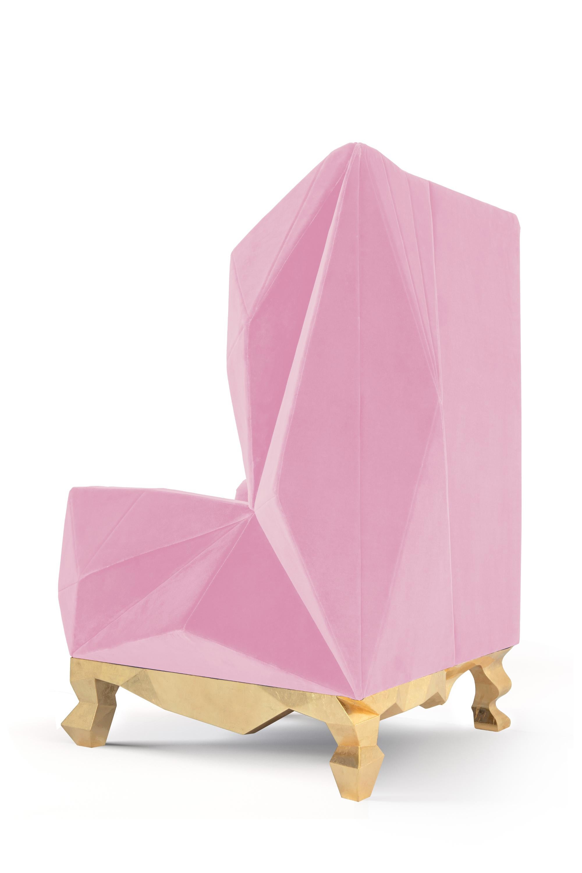 Velvet pink rockchair by Royal Stranger
Dimensions: width 98 cm x height 135 cm x depth 99 cm
Different upholstery colors and finishes are available. Brass, Copper or Stainless Steel in polished or brushed finish.
Materials: velvet on the top of
