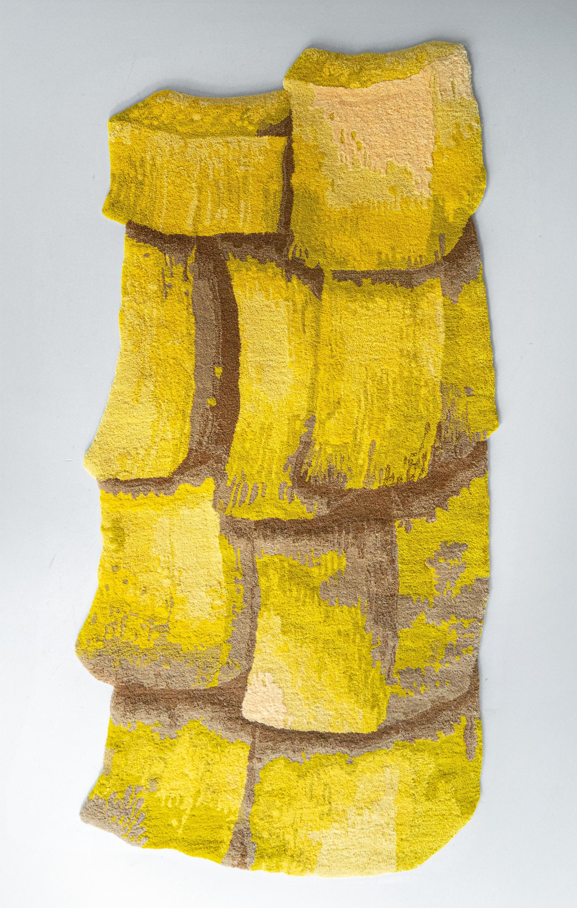 Velvet Realities Yellow Rug by Sven Jansse
Collaboration with Studio Somé (Robyne Somé) and Sven Jansse. 
Dimensions: W 105 x L 230 cm
Materials: Reclaimed Wool from the Fashion Industry, New Zealand Wool

The practice of Sven Jansse (Rotterdam,