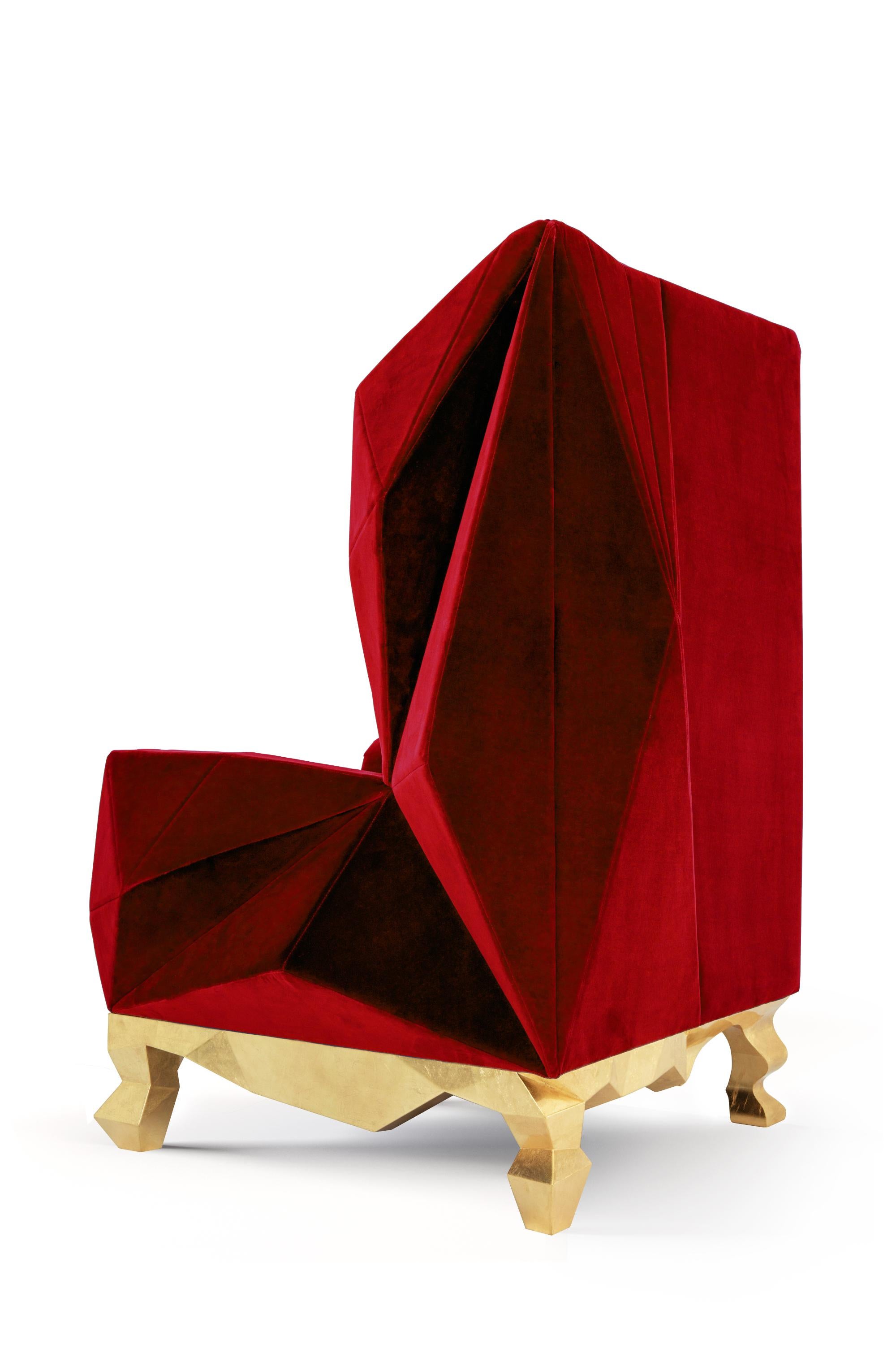 Velvet Ruby Rockchair by Royal Stranger
Dimensions: Width 98cm, height 135cm, depth 99cm
Different upholstery colors and finishes are available. Brass, copper or stainless steel in polished or brushed finish.
Materials: velvet on the top of the gold