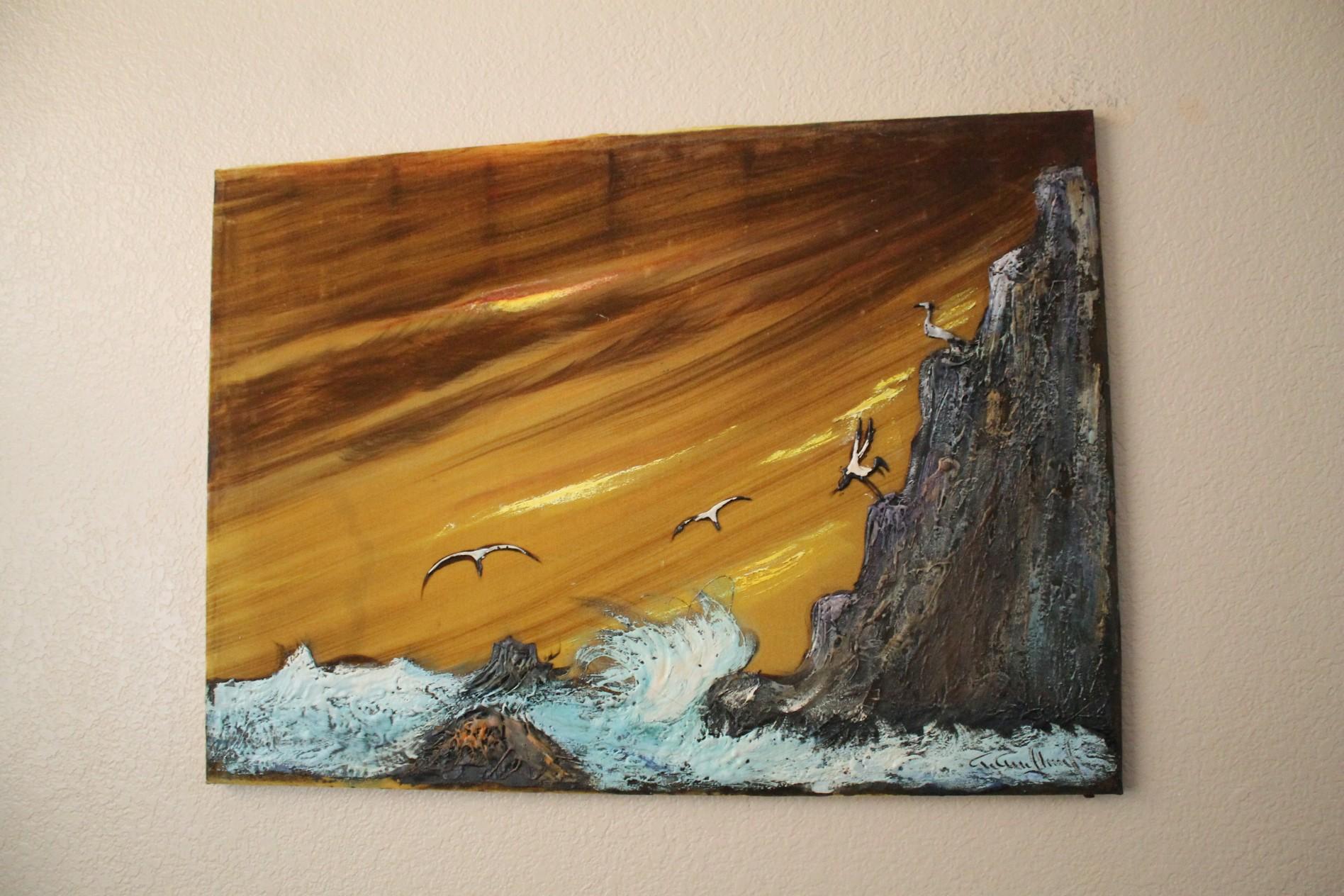 Dipinto Pittura ad olio in velluto con paesaggio marino MCM Decor 25 x 36 Rara e splendida! in vendita