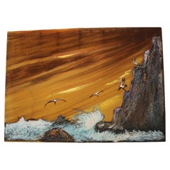 Cuadro al óleo paisaje marino de terciopelo Decoración MCM 25 por 36 ¡Raro y precioso!