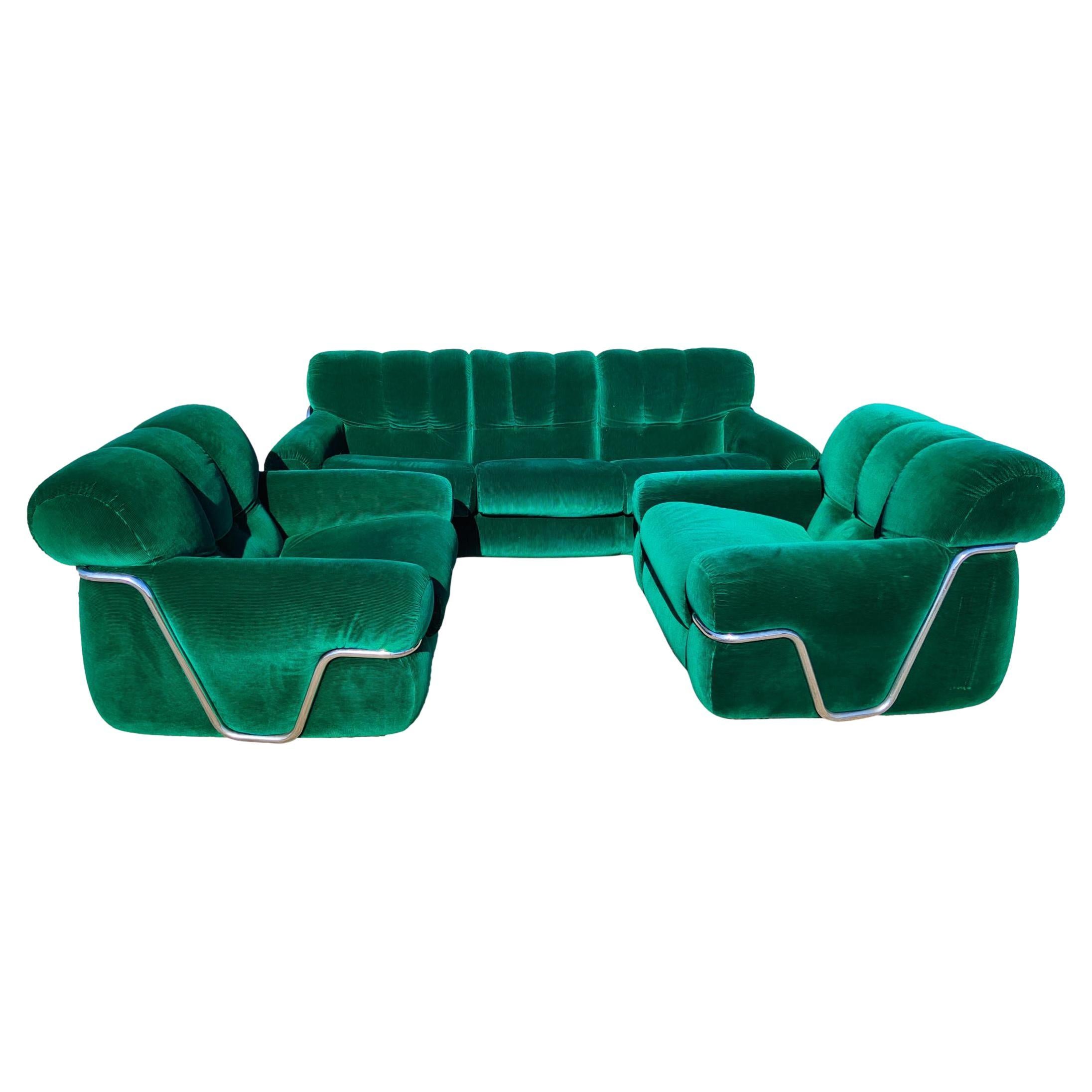 Vintage velvet living room set, with sofa and pair of armchair, 1970s