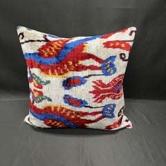 Velvet Silk Ikat Pillow Cover with Red and Blue Design 20" x 20"