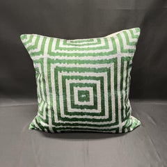 Velvet Silk Ikat Pillow Cover with Green Geometric Stripe Design 20" x 20"