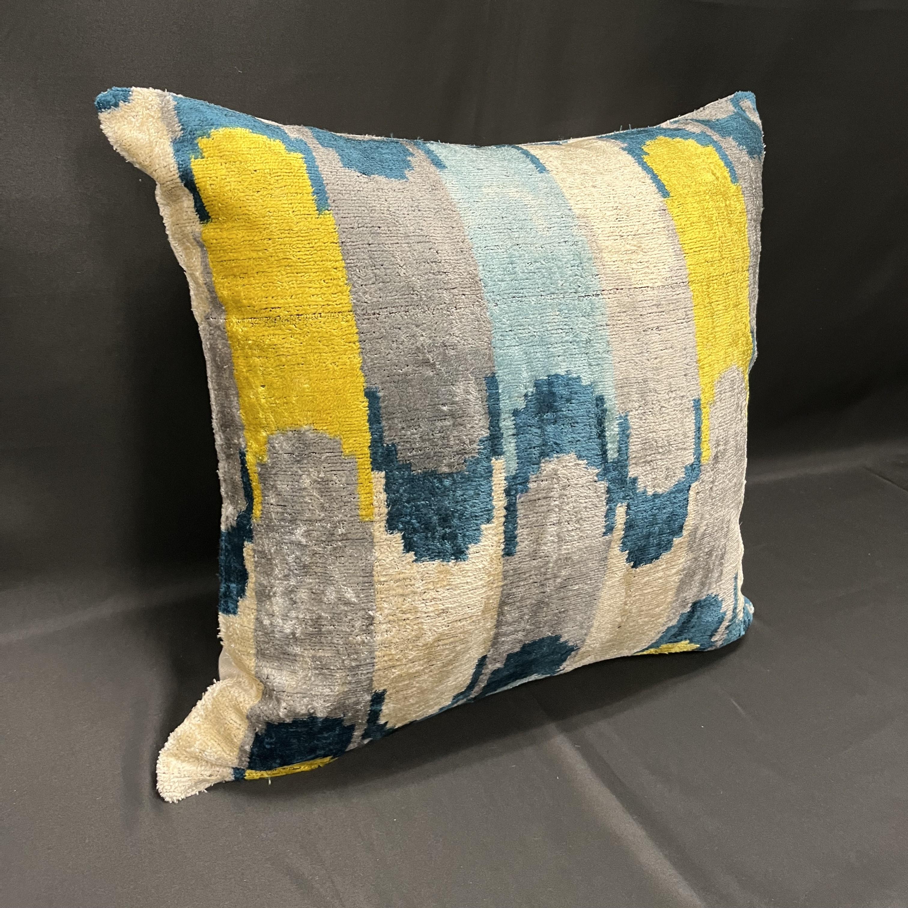 Modern Velvet Silk Ikat Pillow Cover with Gray, Blue, Yellow Geometric Design 20