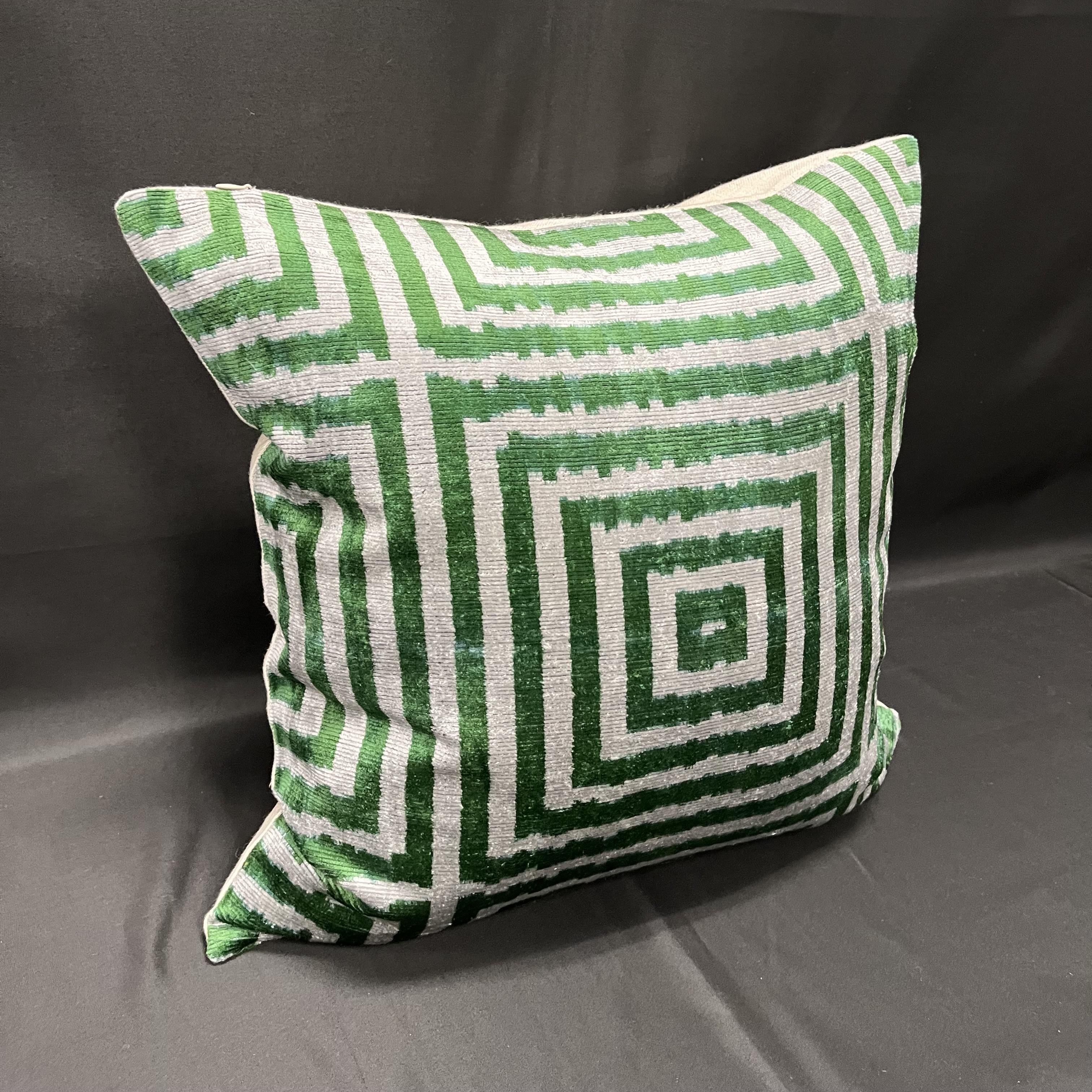 Modern Velvet Silk Ikat Pillow Cover with Green Geometric Stripe Design 20